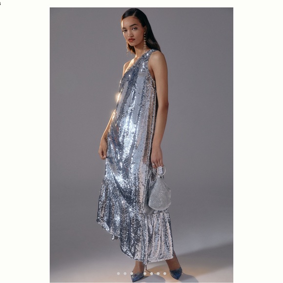 New Maeve One Shoulder Silver Sequin Dress - Picture 7 of 8